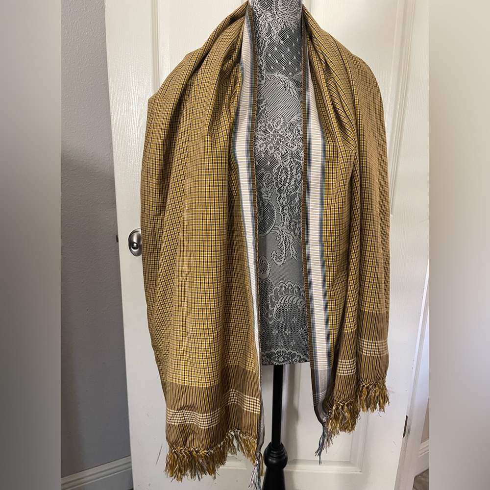 Indonesia Bahasuan Gold Yellow Plaid Fringed Scarf Wrap Shawl Traditional Ethnic